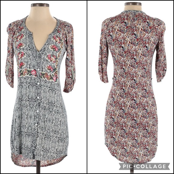 Anthro Tiny Floral Damask Mixed Media Buttondown Belted Shirtdress Dress - Picture 5 of 13